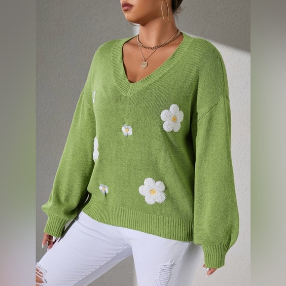 Shein Curve 3X Lime Green Daisy Embroidered V-Neck Sweater NWOT - Picture 2 of 11